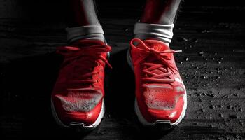 Deportes zapato en movimiento en mojado pavimento generado por ai foto