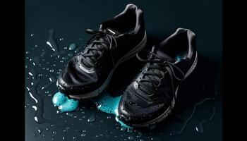 Black sports shoe, wet with muddy reflection generated by AI photo