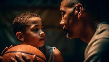 padre y hijo enlace terminado baloncesto juegos generado por ai foto