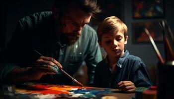 Father teaches son art in cozy workshop generated by AI photo