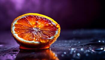 Fresh citrus slice on wooden table, juicy refreshment generated by AI photo