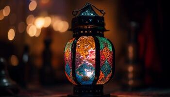 Antique lantern glows, illuminating dark Ramadan night generated by AI photo