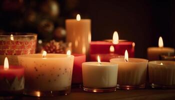 Winter candlelight brings tranquil celebration near cozy decoration generated by AI photo