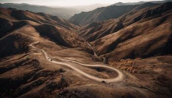 A car journeys through panoramic mountain range generated by AI photo