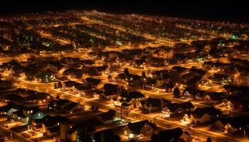 Glowing city skyline at night reflects on water generated by AI photo