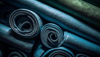 azul seda textil arrollado arriba en espiral generado por ai foto