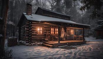 noche nevada en antiguo cabaña en bosque generado por ai foto