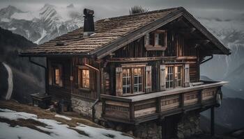 Rustic log cabin nestled in mountain landscape generated by AI photo