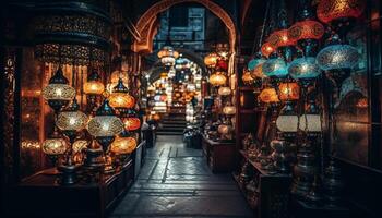 Ornate lanterns illuminate ancient city streets at dusk generated by AI photo