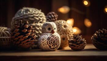 Pinecone and ball ornaments adorn rustic fir tree generated by AI photo