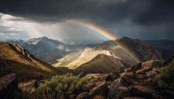 Majestic mountain peak in rainbow filled tranquil scene generated by AI photo