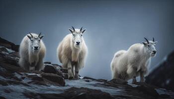 Herds of horned goats standing on icy cliff generated by AI photo