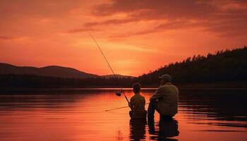 Two men fish at dusk, tranquil scene generated by AI photo
