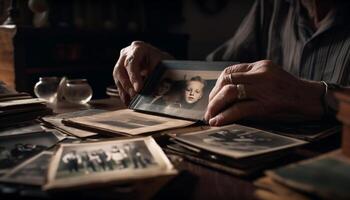 antiguo hombre participación libro, elaboración recuerdos adentro generado por ai foto