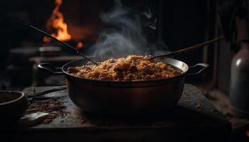 Grilled meat sizzles on hot cast iron generated by AI photo