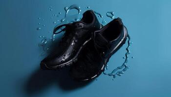 Blue shoe drops in wet liquid splashing water generated by AI photo