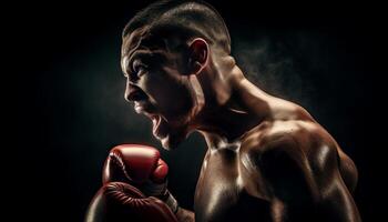 muscular atleta peleas en oscuro kickboxing partido generado por ai foto