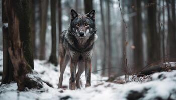 gris lobo caminando mediante Nevado bosque generado por ai foto