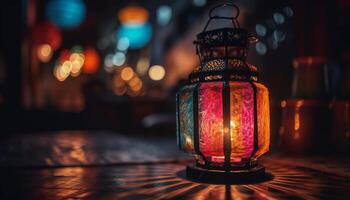 Antique lantern glowing, hanging outside in Ramadan generated by AI photo