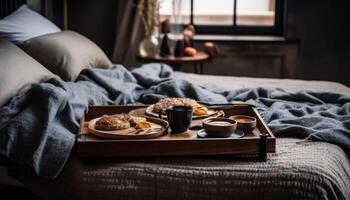 Cozy bedroom with modern decor, French breakfast spread generated by AI photo