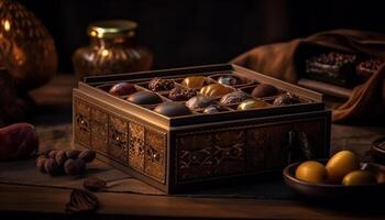 oscuro chocolate regalo caja, rústico decoración diseño generado por ai foto