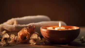 Flame burning scented candle, tranquility and pampering generated by AI photo