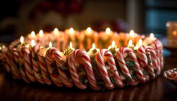 brillante luz de una vela ilumina dulce Navidad postres en mesa generado por ai foto