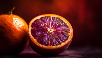 Juicy citrus slice, vibrant purple background, organic freshness generated by AI photo