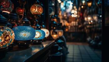 Glowing lantern, vintage and ornate workshop decor generated by AI photo
