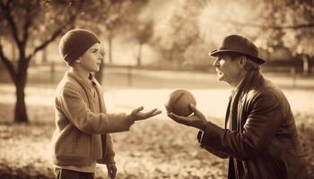 Boys and father playing catch on autumn day generated by AI photo