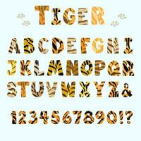 Tiger animal alphabet and numbers animal skin, Tiger print capital letters. Colorful children's alphabet. vector