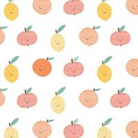 Childish seamless pattern with retro fruits. Kids print with citruses in a flat style. Vector illustration. Pattern with apple, lemon and orange.