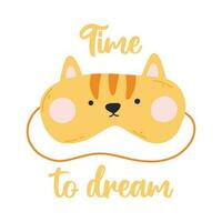 Sleep mask cat. Lettering time to sleep. Vector illustration. Flat style. Kids lettering. Baby print.