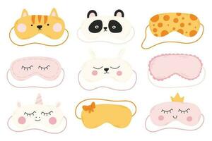 conjunto de dormir mascaras en plano estilo. colección de mano dibujado máscaras vector ilustración. iasca para dormido con un gato, panda, unicornio.