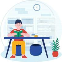 Boy Reading Book In Library vector