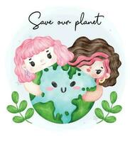 Eco friendly save out planet, two young girl hug greenery planet watercolor painting vector