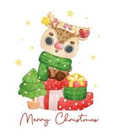 Cute joyful Christmas reindeer with decoration galand hang on antlers sits on stack of wrapped gifts, cartoon animal character watercolour hand drawing vector illustration