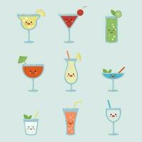 Funny cocktail kawaii face vector isolated set