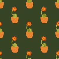 Seamless pattern with blooming cactus in a pot. Vector