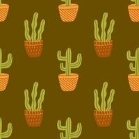 Seamless pattern with green cactus in pot. Vector colorful