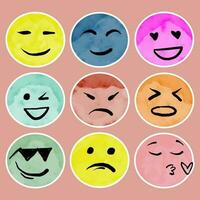 Emoticon doodle. Watercolor style emoji icons collection. abstract cartoon Faces with various Emotions. Vector illustration