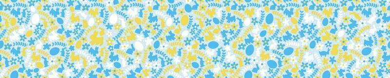 Big Seamless Easter Floral Pattern. Horizontal springtime floral pattern. Easter Pattern with flowers, Easter eggs, bunnies, petals, and vines. For prints, backgrounds, invitations, cards, textiles. vector