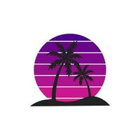 sunsets, beach and palm tree. style 80s, and 90s. Abstract background with a sunny gradient. Silhouettes of palm trees. Vector design template for logo, badges. Isolated white background.