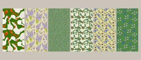 Vector set of six seamless patterns with geese, flowers and dragonflies.