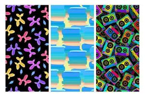 Vector set of three bright seamless patterns with bubble puppies, audiocassettes and abstract shapes.