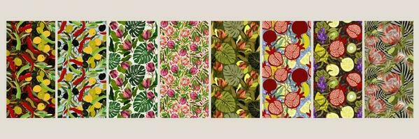 Vector set of eight seamless patterns with exotic flowers and bright vegetables and fruits.