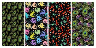 Vector set of four bright natural patterns with peacock feathers, axolotls and sea animals. Animalistic concept.