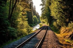 valores foto de a lo largo un ferrocarril en un verano tarde generativo ai