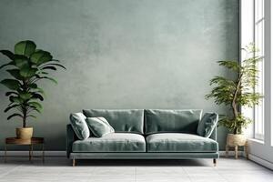 diseño de sabio verde ante cuero sofá y blanco pared generativo ai foto