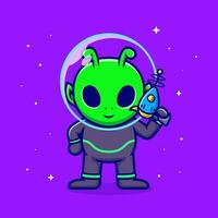 Cute Alien Holding Gun Weapon Cartoon Vector Icon  Illustration. Sience Technology Icon Concept Isolated  Premium Vector. Flat Cartoon Style